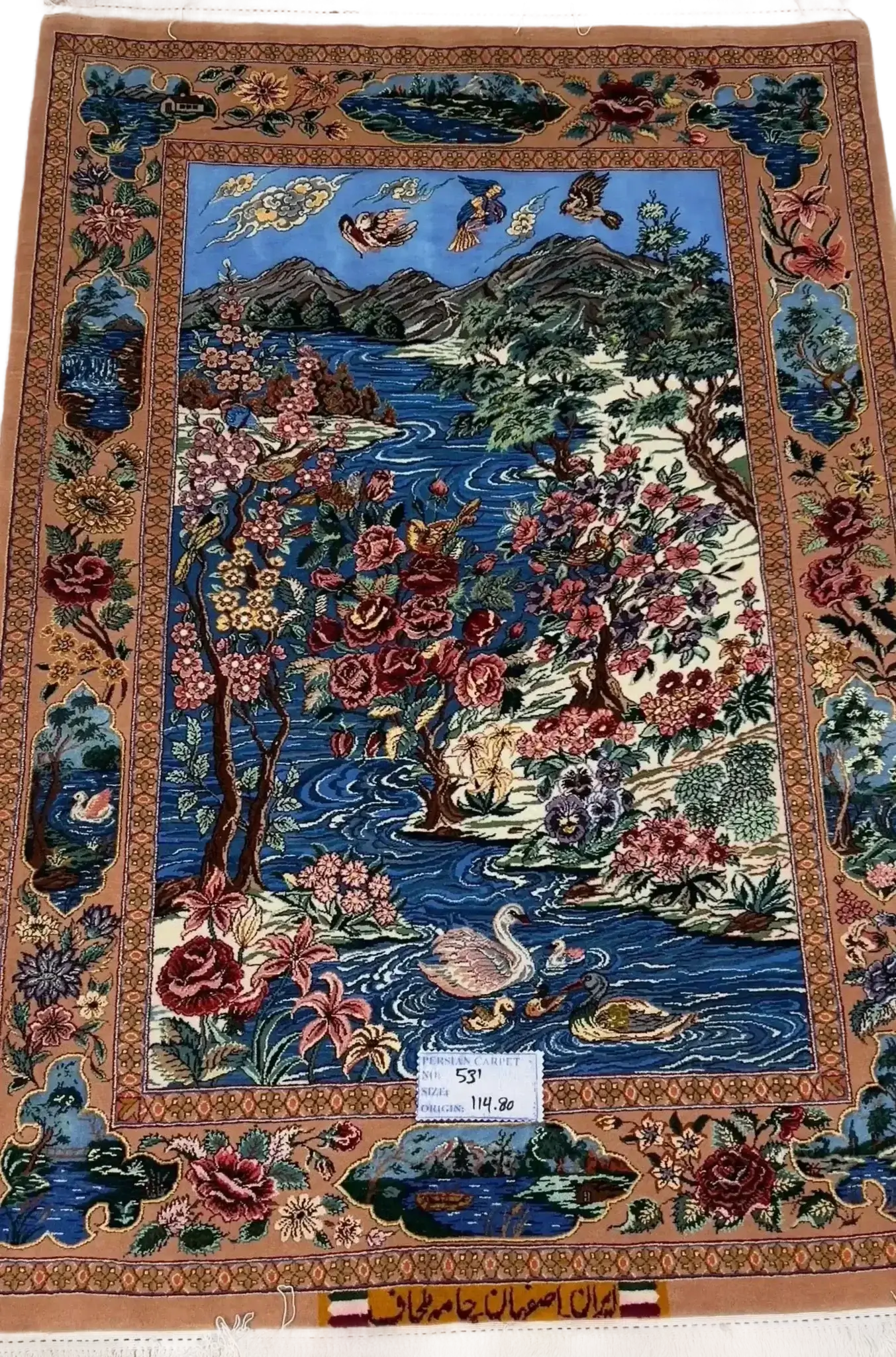 "Hand-knotted Isfahan Pictorial rug – 175x110 cm, crafted with wool and silk, featuring intricate designs and 740,000 knots per square meter, ideal for adding luxurious elegance to any home decor."